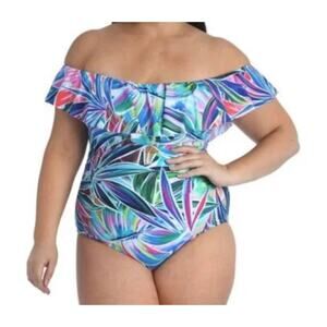 Swim Solutions Tummy Control Blue Palm Blue Purple One Piece Swimsuit Ruffle 16